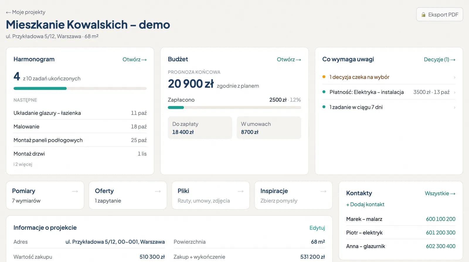 Pulpit projektu - zrzut ekranu aplikacji Remontowy Planer
